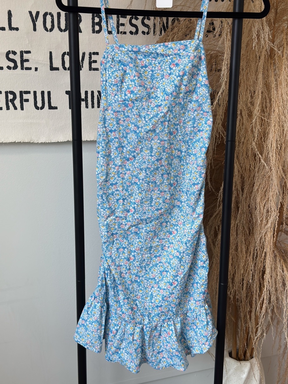 Sky Blue Floral Spaghetti-Strap Mini Dress with Ruffle Hem